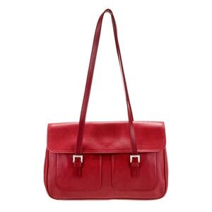 Longchamp‎ Red Leather Shoulder Bag Flap Buckle Pockets Satchel